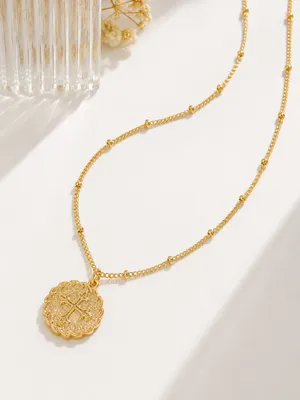 14K Gold Vintage Cross Coin Pendant Necklace Textured Medallion 19-22” Preppy thumbnail 4