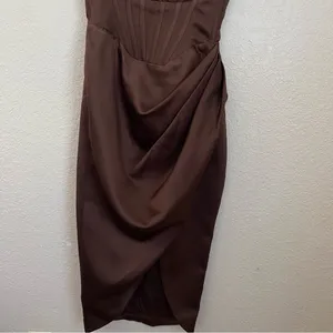 House of CB Faye Satin Pleated Midi Dress Size XS brown‎ $269 NWOT thumbnail 6