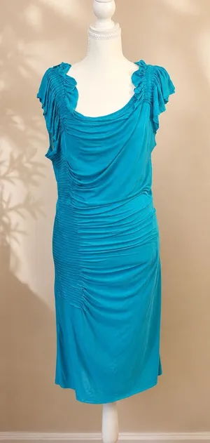 Gianni Bini Teal Modal Silk Ruched Dress L thumbnail 1