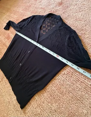 Black Lace Openwork Knit Cardigan 3/4 Sleeve Button Front Fitted Sweater thumbnail 3