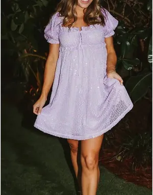 Buddy Love “Jac Puff” Sequin Purple Dress | M | Like-new Lavender Floral Overlay thumbnail 7