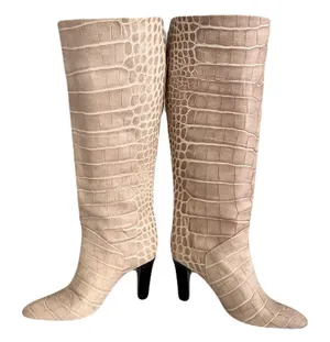 Karen Millen Ivory Croc Embossed Leather Heeled Knee High Boots, Size 38 thumbnail 6