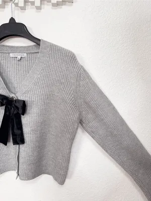 Miss Sparkling Gray Cropped Cardigan with Removable Black Velvet Bow Pin thumbnail 4
