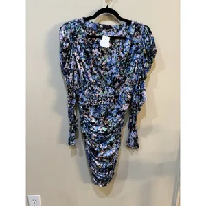 AFRM Ruched Deep V neck Floral Knit MINI Dress Puff Sleeve Retail Size Large thumbnail 3