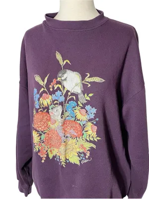 VINTAGE DECOTEX Bird Mouse Flowers Granny Sweatshirt thumbnail 3
