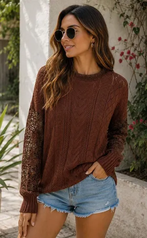 Miss Sparkling Brown Crochet Lace Open Knit Long Sleeve Boho Sweater Top XL thumbnail 1