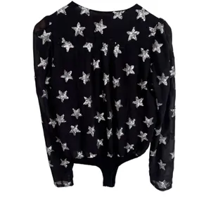 Buddy Love Black Silver Sequin Star Long Sleeve Wrap Bodysuit Womens Medium thumbnail 5