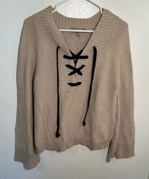 Marled Reunited Women's Sz Medium Lace Up V-Neck Sweater Beige Black Wide Sleeve thumbnail 1