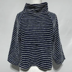 ZARA Striped Textured Mock Neck 3/4 Sleeve Sweater Top Navy White Size Medium thumbnail 2