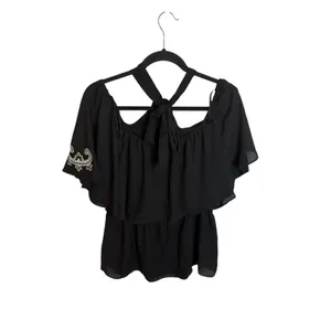 Nwt New York and Company Black Ruffle Embroidered Halter Blouse thumbnail 2
