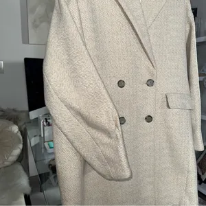 Mango Wool Blend Herringbone Double Breasted Coat Neutral Beige Medium New NWT thumbnail 9