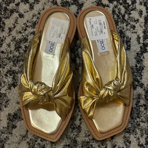 Jimmy Choo Tropica Knotted Metallic Leather Flat Slide Sandal Gold size 37 thumbnail 1