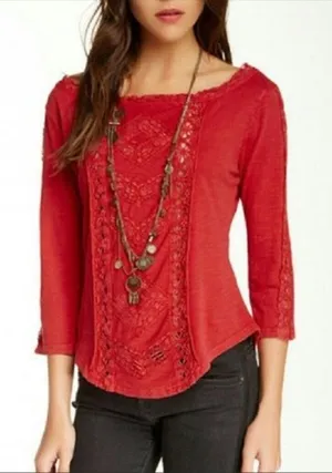 Free People Truly Madly Red Crochet Lace 3/4 Sleeve Boho Cotton Top Size Small thumbnail 1