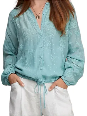 Johnny Was Women’s Size M Light Marine Blue Embroidered Drawstring Bomber Jacket thumbnail 5