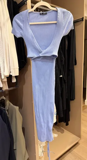 Zara Light Blue Ribbed Midi Dress with Plunge Neck thumbnail 1