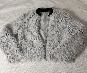 Love Token Girls Faux Fur Jacket in Light Gray with Black Collar thumbnail 1
