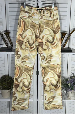 NWOT brown beige marble swirl print jeans high rise wide legs 70s boho hippie S thumbnail 1