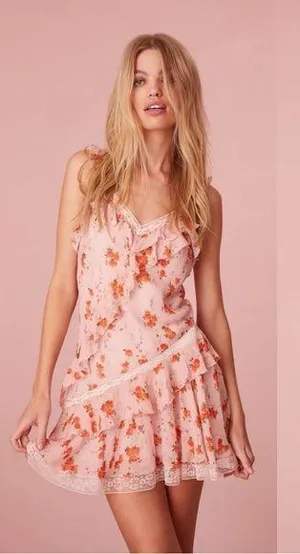 NWT LOVESHACKFANCY Serima Pink Floral Mini Dress Sz L thumbnail 1