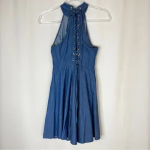Lulus Dark Wash Chambray Sleeveless Halter Mini Dress Lace Up Womens Small thumbnail 5