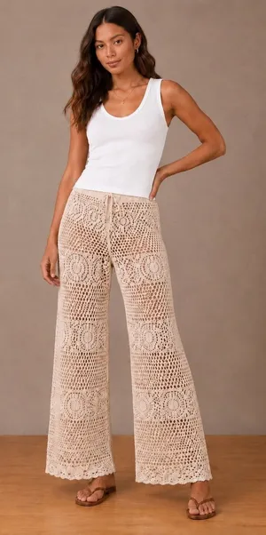 Aerie Womens XL Crochet Wide Leg Pants Cream Knit Beach Cover Up 0701-8501 NEW thumbnail 1