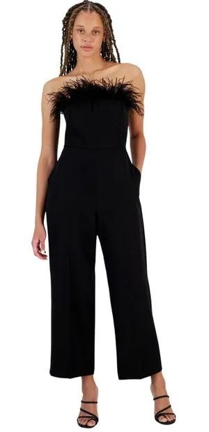 NWT Sam Edelman Womens Strapless Bandeau Neck Feather Trim Jumpsuit Black 8 thumbnail 1