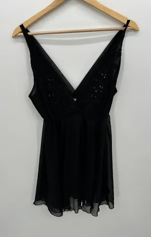 California Dynasty Vintage Black Sheer Embroidered Sequin Slip‎ Nightie Medium thumbnail 1
