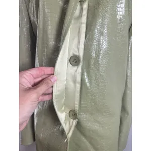 UNAULB Sage Green Crocodile Embossed Faux Leather Trench Coat Jacket Oversized thumbnail 3