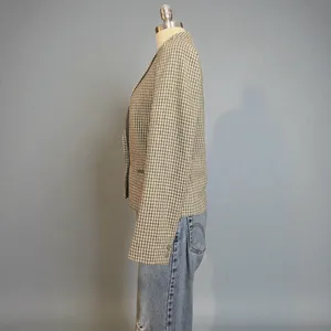 Vintage 90s Cropped Wool Blend Grey & Cream Pointed Lapel Gingham Check Blazer thumbnail 6