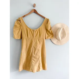 Free People | Cheyenne Denim Mini Dress Sand Dune Yellow Puff Sleeve | Sz L thumbnail 2