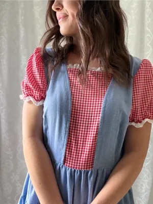 Vintage Handmade Blue Red Gingham Prairie Dress Cottagecore Puff Sleeve thumbnail 13