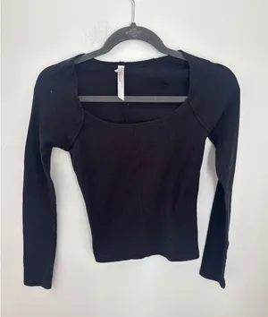 Free People‎ Intimately Black Square Neck Ribbed Long Sleeve Top XS Seam Detail thumbnail 1