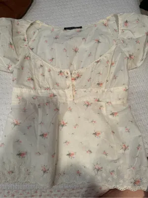 Brandy Melville Cream Blouse with Pink Floral Sprigs thumbnail 1