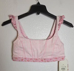 Blogilates Ruffle Corset Bra Pink Gingham Floral Print Activewear Top Medium NWT thumbnail 1