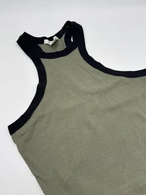 Bozzolo Ribbed Halter Tank Top Olive Green Black Contrast Trim Crop Sleeveless Top Sz S thumbnail 2