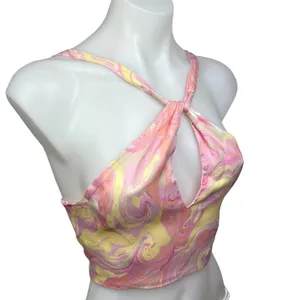 Zara Pink Yellow Satin Marble Tie Dye Open Tie Back Brami Cropped Tank Top Sz S thumbnail 4