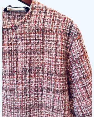 Zara Pink Tweed Top Blouse Zip Back Plaid Fringe Preppy M White Gray Cropped thumbnail 6