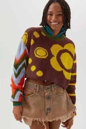 BDG Urban Outfitters Cropped Graphic Sweater Womens Small Retro Pattern Knit thumbnail 1