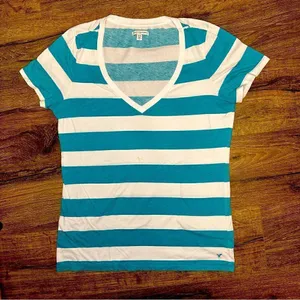 American Eagle Green and White Stripped V-Neck T-Shirt thumbnail 2