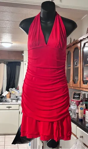New! Red Halter Ruched Cocktail Dress thumbnail 1