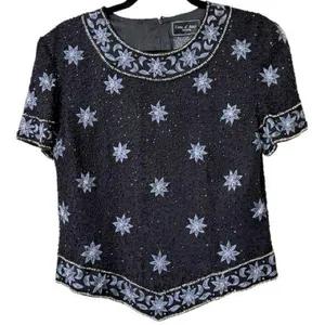 Cote d’ Azur medium vintage silk beaded sequin floral formal top evening wear thumbnail 1
