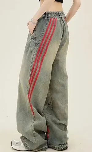 BH Grunge wide leg Baggy Jeans Red Stripes retro loose patchwork hip hop L thumbnail 1