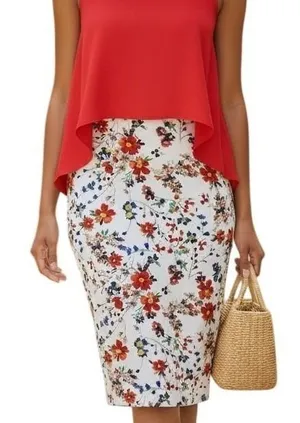 EXPRESS‎ Floral High Waisted White Red Blue Pencil Skirt Size 6 thumbnail 1
