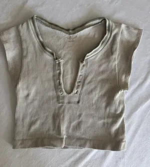 Out From Under Urban Outfitters Ribbed Short Sleeve Top in Light Beige thumbnail 1