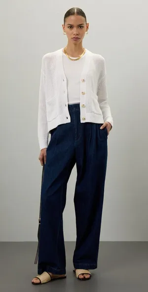POLO RALPH LAUREN White Linen Blend Long Sleeve Knit Button Front Cardigan M thumbnail 2