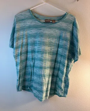 Chicos Space Dye Short Sleeve Top Teal White Size 2 Large Crew Neck Relaxed Fit thumbnail 1