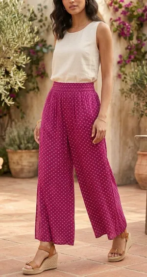 Raga Wide-Leg Smocked Waist Crop Pants in Magenta & white design size XS thumbnail 1