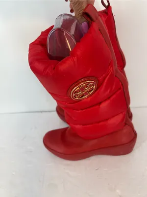 Tory Burch Red Quilted Wedge Winter Boots with Gold Logo thumbnail 4