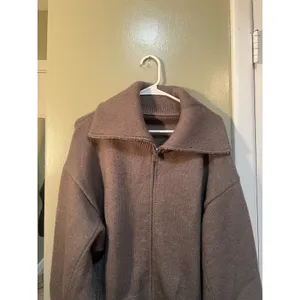 Women's Size Large Full Zip Cardigan Sweater Oversized Collar Cafe Brown Ribbed thumbnail 4