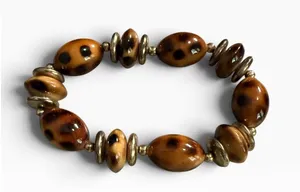 Vintage Style Brown Spotted Animal Print Beaded Stretch Bracelet Gold Tone thumbnail 1