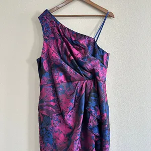 Adrianna Papell Size 20 Blue Pink Brocade Floral Formal Dress One Shoulder thumbnail 2